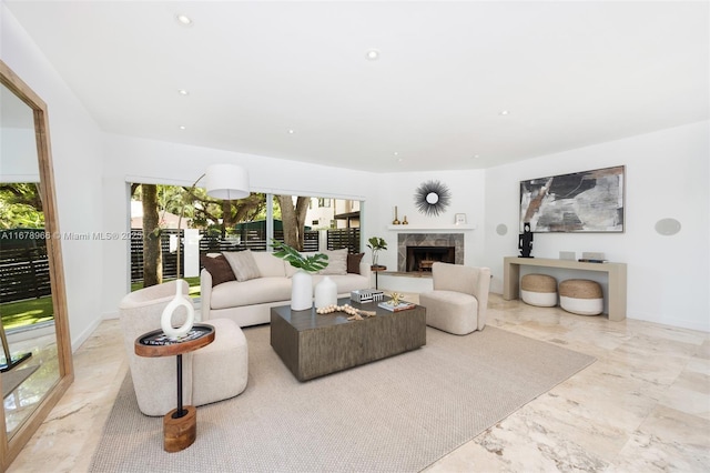 living room with a fireplace