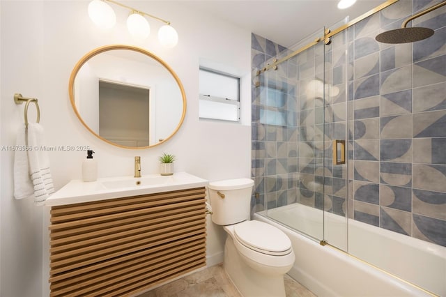 full bathroom featuring enclosed tub / shower combo, toilet, and vanity