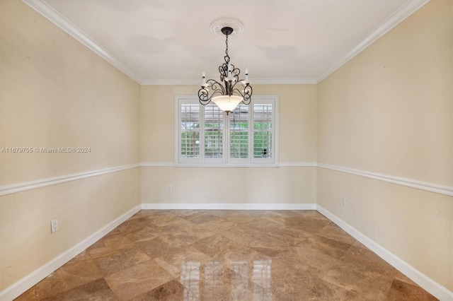 unfurnished room featuring crown molding and a notable chandelier