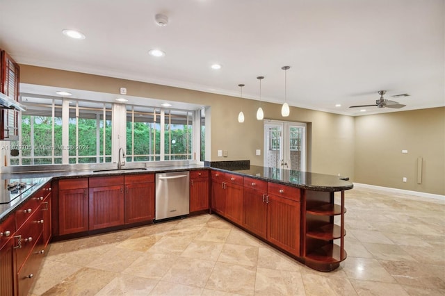 kitchen with kitchen peninsula, ceiling fan, dishwasher, pendant lighting, and sink