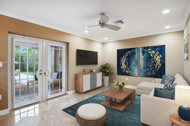 living room featuring french doors, ceiling fan, and ornamental molding