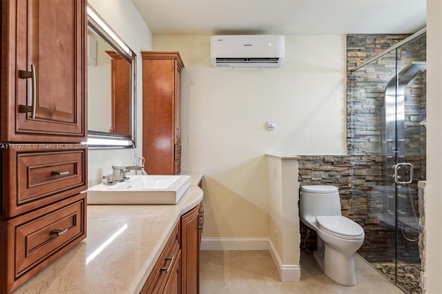 bathroom with a shower with door, tile patterned floors, toilet, a wall mounted air conditioner, and vanity