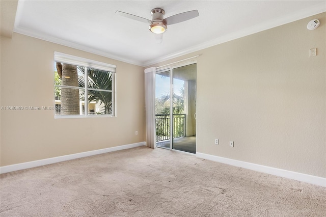 carpeted empty room with ornamental molding and ceiling fan