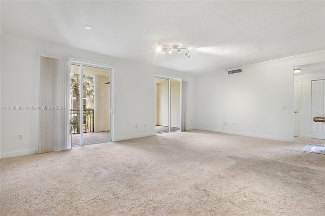 spare room featuring crown molding, light colored carpet, and a textured ceiling