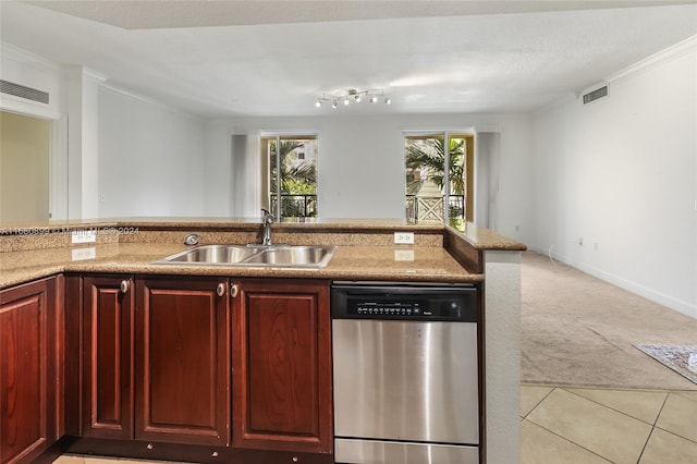 kitchen featuring a textured ceiling, stainless steel dishwasher, sink, crown molding, and light colored carpet