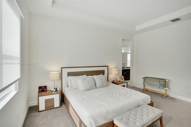 bedroom featuring light colored carpet and ensuite bath