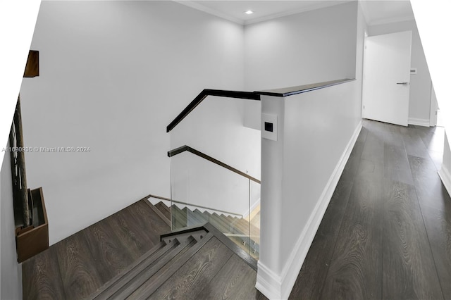 stairway with crown molding and hardwood / wood-style flooring