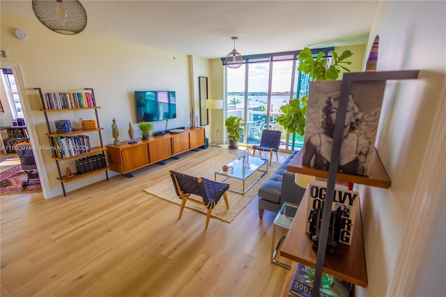 living room with wood-type flooring and floor to ceiling windows