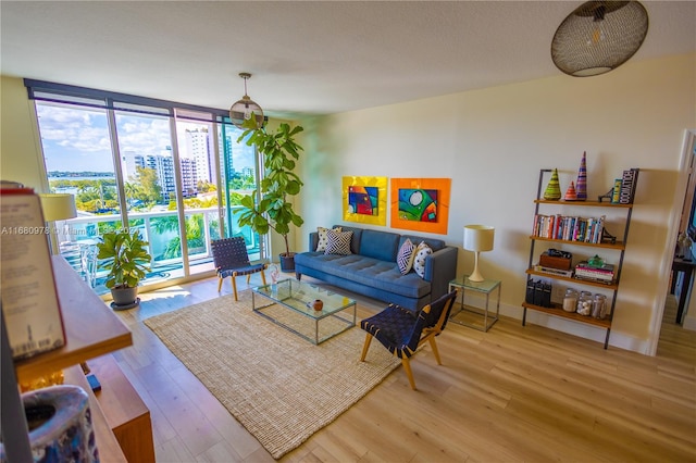 living room featuring hardwood / wood-style floors, floor to ceiling windows, and a wealth of natural light