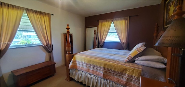 carpeted bedroom featuring multiple windows