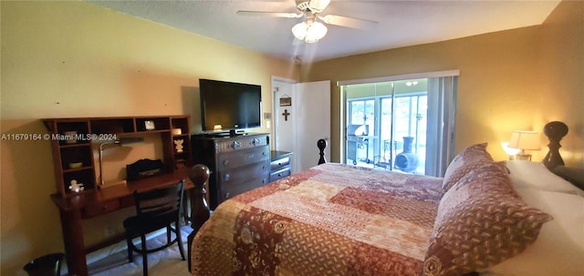 bedroom featuring ceiling fan, access to exterior, and carpet