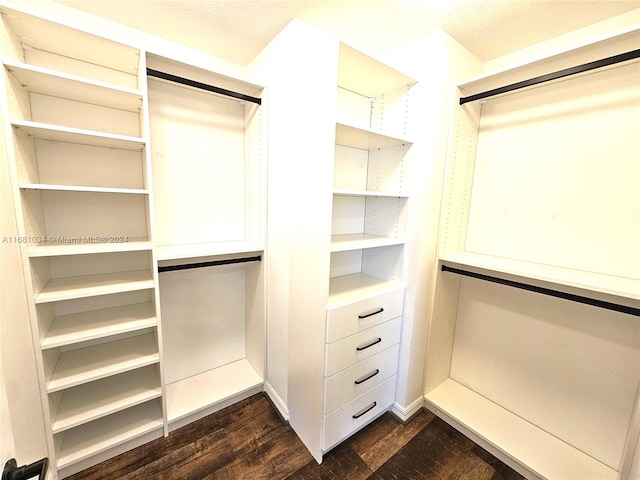 spacious closet with dark hardwood / wood-style floors