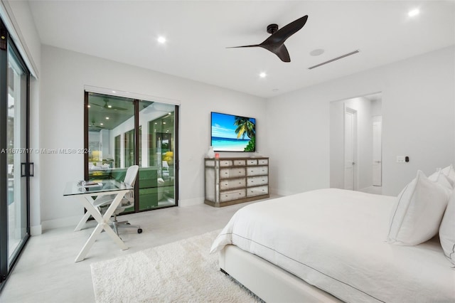 bedroom with ceiling fan and access to exterior