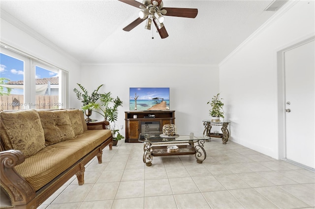 tiled living room with ornamental molding, a textured ceiling, and ceiling fan