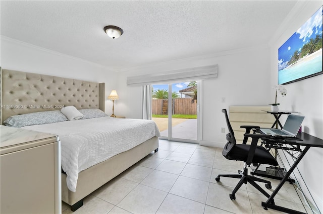 bedroom with access to outside, a textured ceiling, light tile patterned floors, and ornamental molding