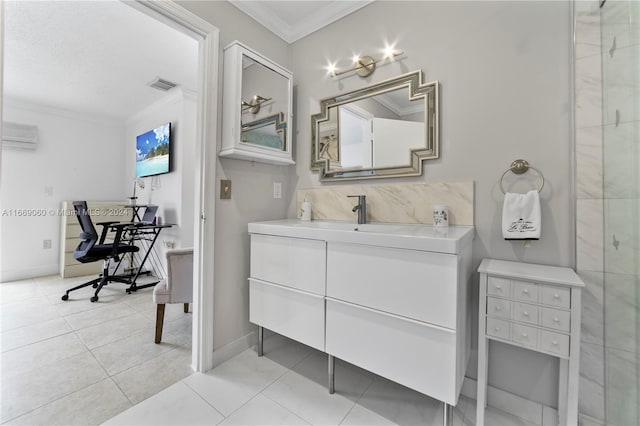 bathroom featuring vanity, tile patterned floors, ornamental molding, and a wall mounted air conditioner