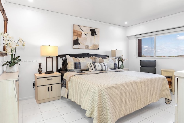 bedroom featuring recessed lighting, crown molding, and light tile patterned flooring