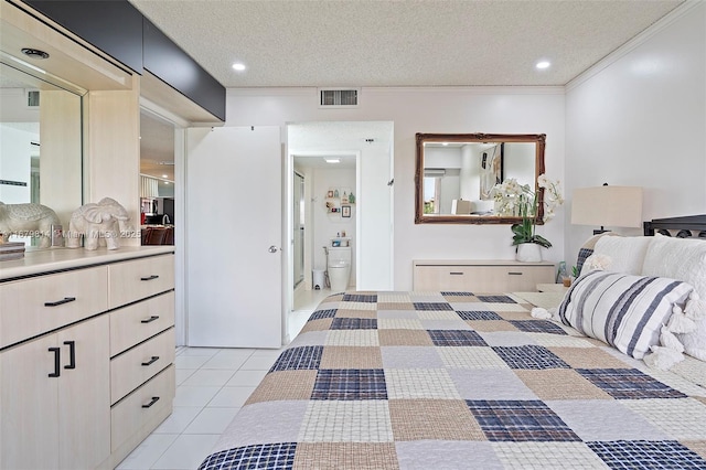 bedroom featuring crown molding, light tile patterned floors, and a textured ceiling