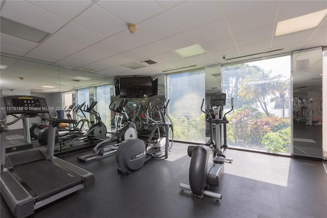 workout area with a wall of windows