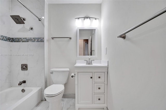 full bathroom featuring vanity, tiled shower / bath combo, and toilet