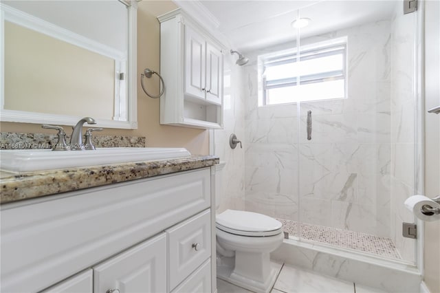 bathroom with vanity, toilet, and walk in shower