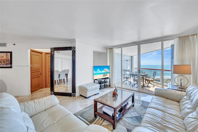 living room featuring ornamental molding and floor to ceiling windows