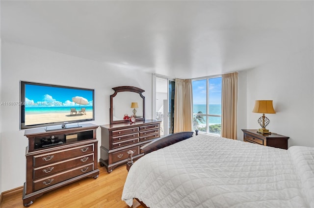 bedroom with light hardwood / wood-style floors and a water view