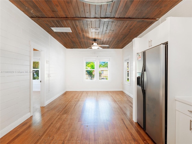 interior space featuring wood ceiling, ceiling fan, white cabinets, stainless steel fridge with ice dispenser, and light wood-type flooring