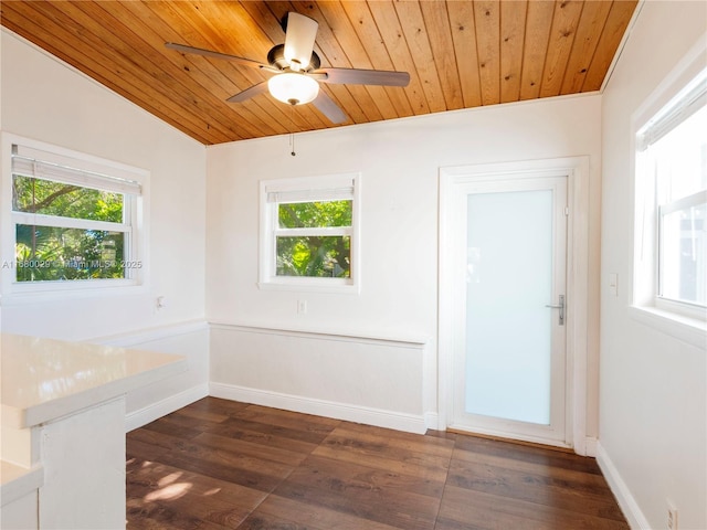 unfurnished room with dark wood-style floors, plenty of natural light, and wooden ceiling