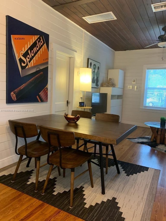 dining space featuring wood finished floors, wood ceiling, and visible vents