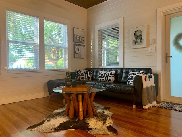 living room with wooden walls and wood finished floors