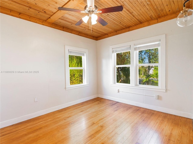 spare room with light wood-style flooring, wood ceiling, baseboards, and ceiling fan