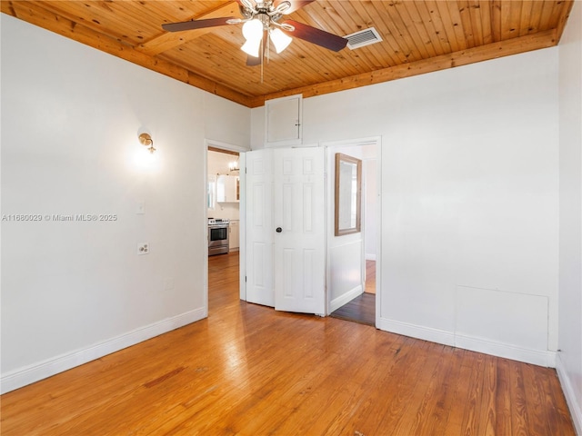 unfurnished bedroom featuring wood ceiling, light wood-style flooring, baseboards, and visible vents