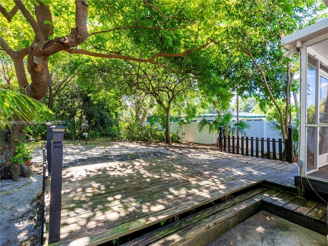 wooden terrace featuring fence