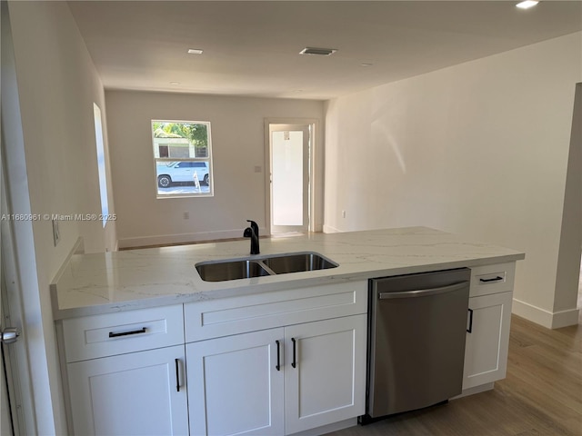 kitchen featuring visible vents, a sink, white cabinetry, light stone countertops, and dishwasher