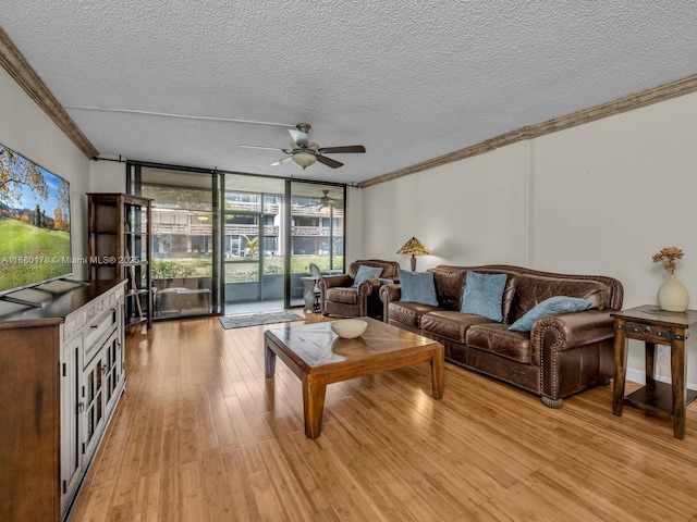 living room with floor to ceiling windows, a textured ceiling, crown molding, and ceiling fan