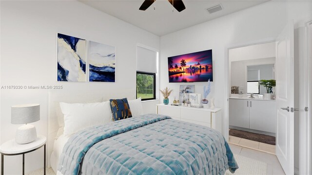 tiled bedroom featuring ceiling fan