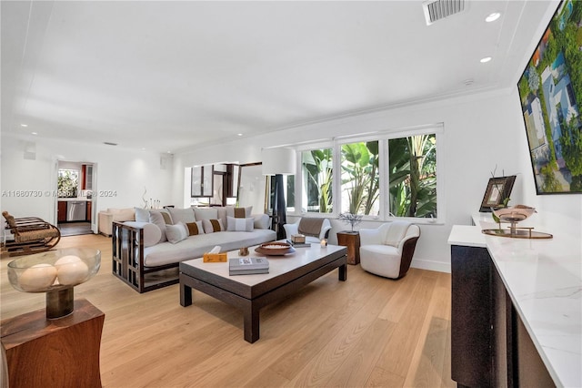 living room featuring ornamental molding and light hardwood / wood-style flooring