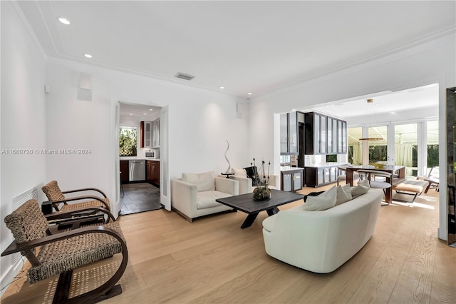 living room featuring light hardwood / wood-style floors and crown molding