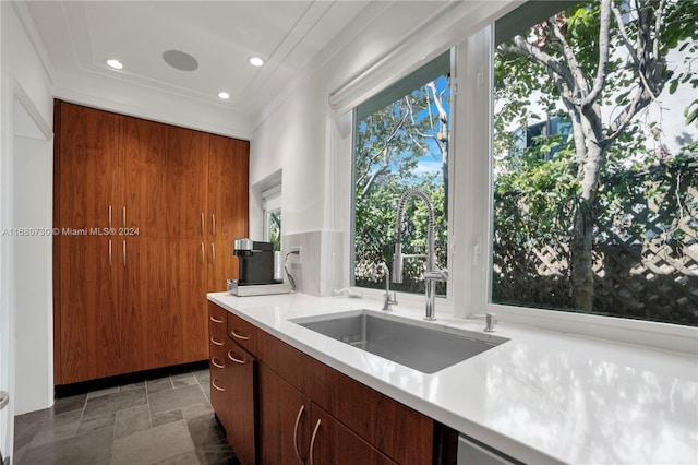 kitchen with ornamental molding and sink