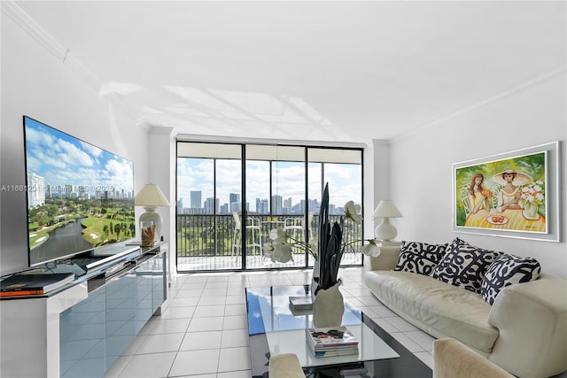 living area featuring expansive windows, ornamental molding, and light tile patterned flooring