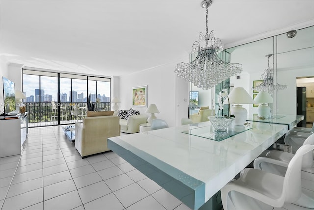 dining area featuring expansive windows, a chandelier, and light tile patterned flooring