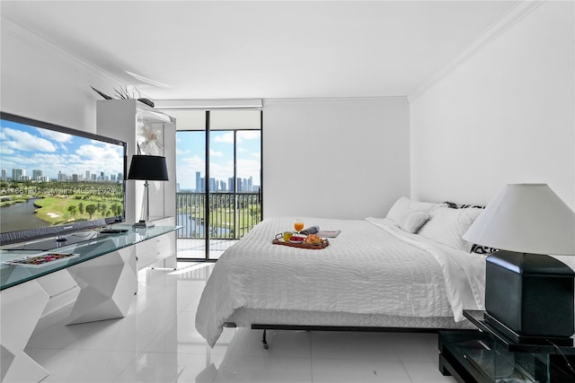 bedroom with floor to ceiling windows, ornamental molding, and access to outside