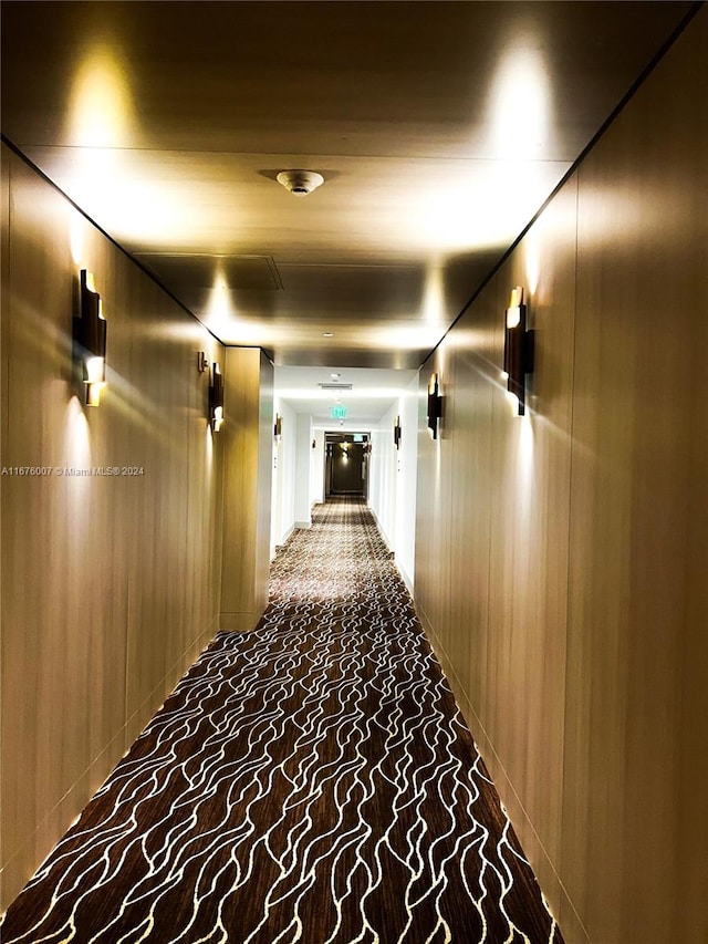 hallway featuring wooden walls and carpet