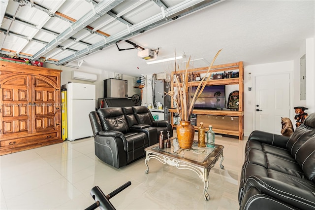 living room with an AC wall unit and light tile patterned floors