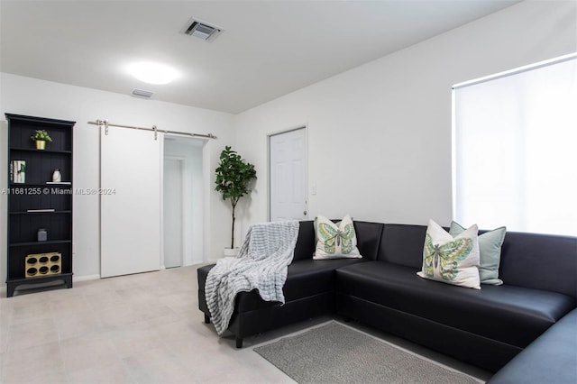 living room featuring a barn door