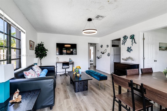 living room with light hardwood / wood-style floors and a textured ceiling