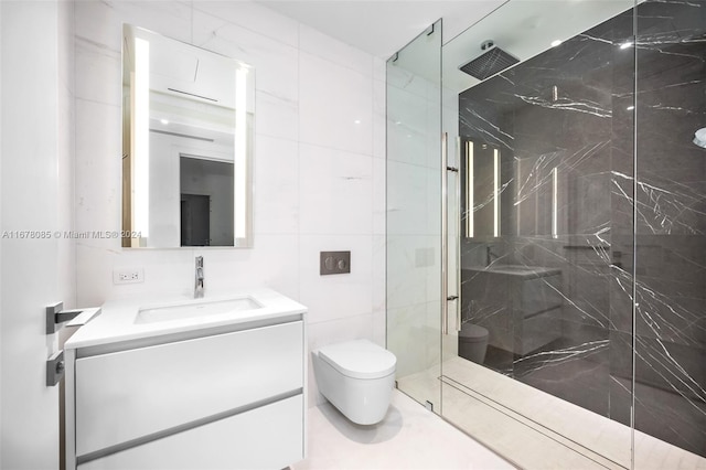 bathroom featuring tile walls, vanity, toilet, and walk in shower