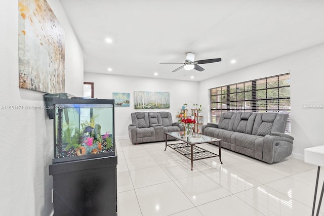 tiled living room featuring ceiling fan