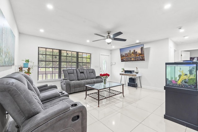 tiled living room with ceiling fan